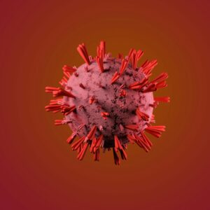 3D render of a virus cell with red spikes against a gradient background.